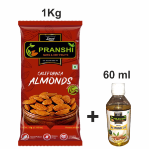 Pranshi Nuts California Almonds<br><br>Regular 1 Kg With Sweet Almond Oil 60 ML
