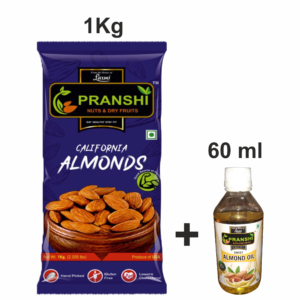 Pranshi Nuts California Almonds<br><br>Diamond 1 Kg With Sweet Almond Oil 60 ML