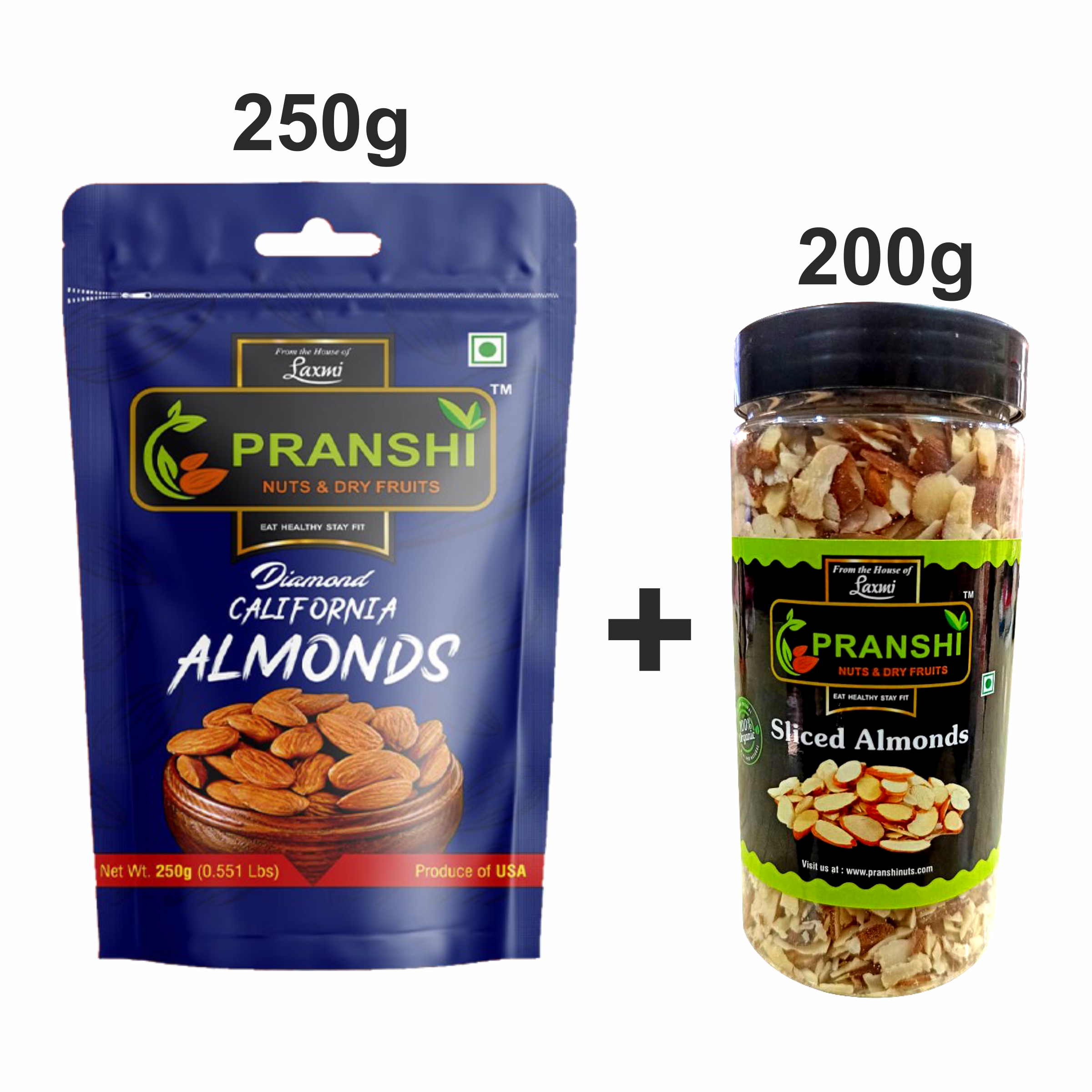 Pranshi Nuts California Almonds<br><br>Diamond 250g With Sliced Almond 200g